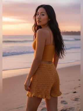 Free People-Flook Crochet Knit Beach Cover-Up Shorts XS Camel 100% Cotton
